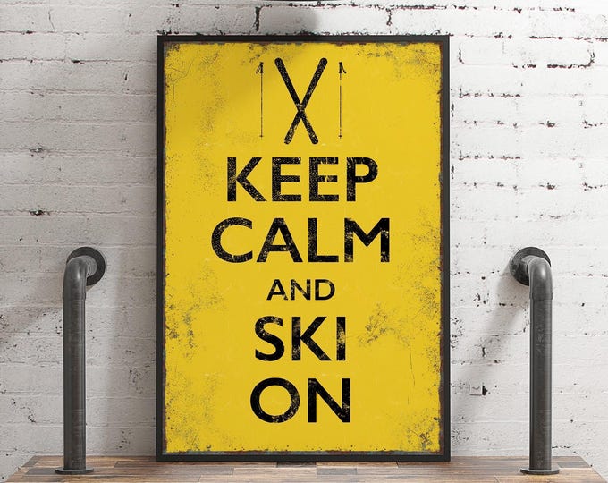 Black Ski Sign, Keep Calm and Ski On Crossed Skis on Mustard Yellow, Vintage Lodge Decor