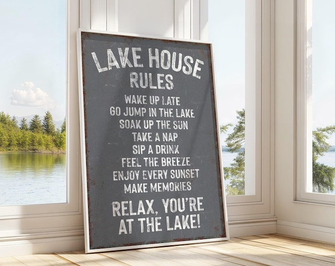 Rustic Lake Art, Lake House Rules Sign, Charcoal Cream Distressed Wall Print, Cabin Gift