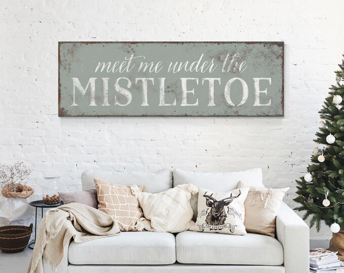 Grey Mistletoe Decor, Under the Mistletoe Doorway Sign in Cream White on Weathered Sage