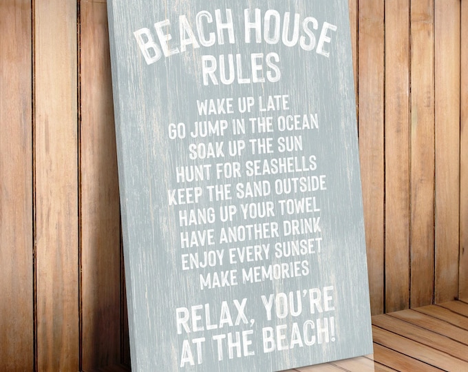 Beach House Rules Sign, Retro Coastal Print, Smoke Gray Outdoor Art, Vintage Vacation Decor, Rustic Wood Frame Gift
