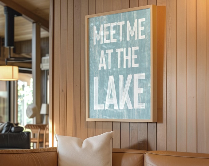Sea Glass Decor, Meet Me at the Lake Sign, Tide Blue Distressed White Wall Art