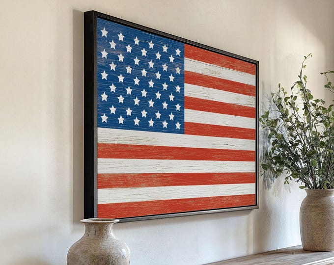 Vintage American Flag Sign, American Flag Decor, Canvas Aluminum or Paper, USA Theme Canvas Print, Framed United States of America Poster