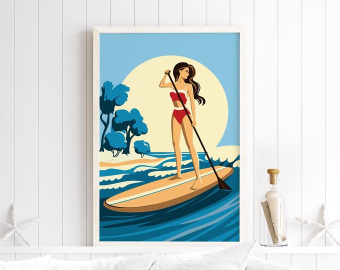 Paddleboard Wall Print: Vintage Coastal Scene - Rustic Wood Frame