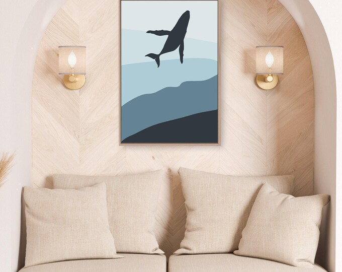 Whale Sign for the Beach House, Abstract Navy Humpback on Blue Waves, Modern Coastal Canvas Art