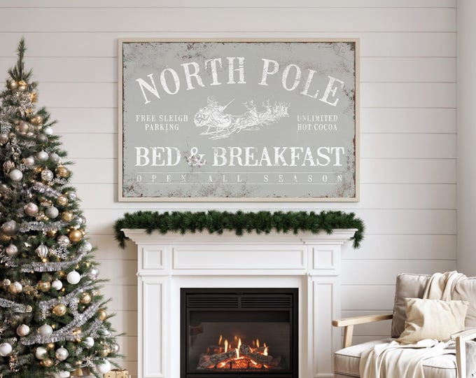 North Pole Christmas Wall Sign, Vintage Rustic Look (Multiple Sizes)