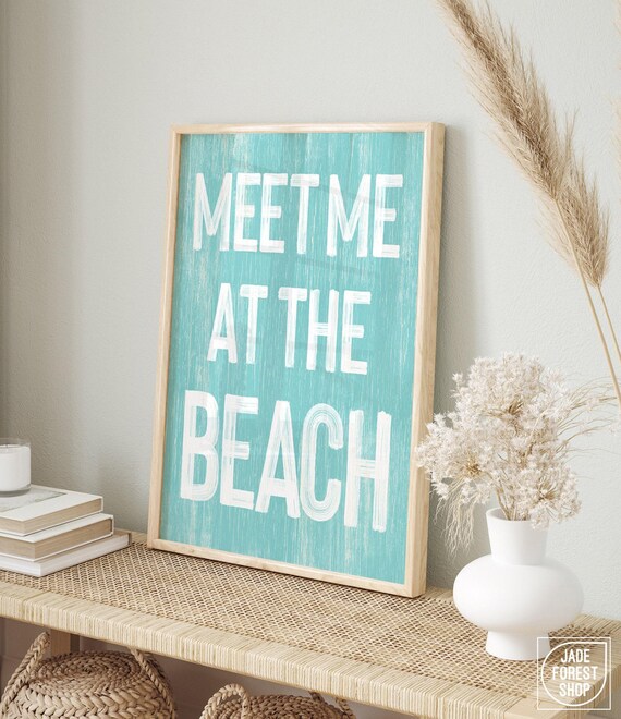 Beach Canvas Print: Aqua Blue Retro Sign - Rustic Farmhouse Style