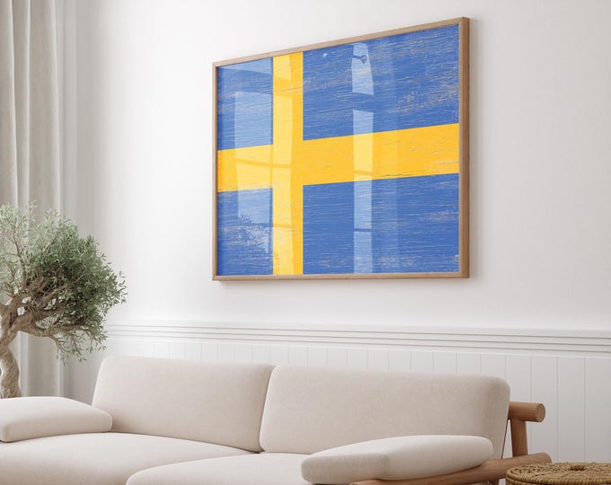 Rustic Flag Wall Art, Swedish Blue Gold Nordic Cross Print, Scandinavian Decor
