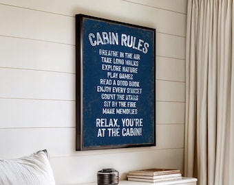 Rustic Ski Cabin Rules Sign – Navy Blue Lodge Wall Art for Chalet, Winter Home or Rental