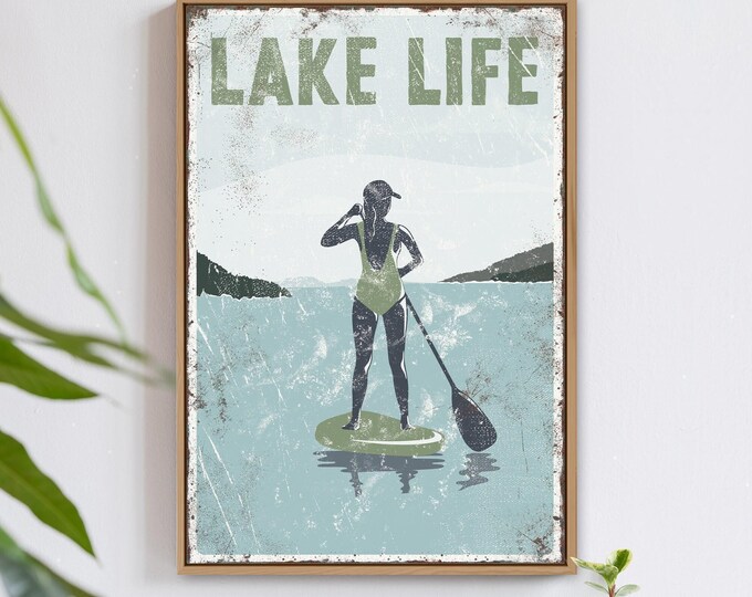 Rustic Wall Artwork, Lake Life Sign, Smoke Blue Sage Paddleboard Decor, Gift for Her