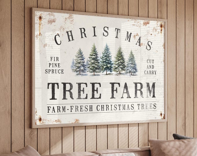 Farm Fresh Trees Sign with a Row of Evergreens on Aged Cream