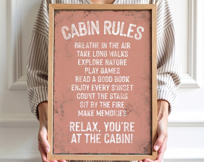 Cabin Rules Sign, Coral Terracotta Lodge Wall Art, Cozy Gift for Her