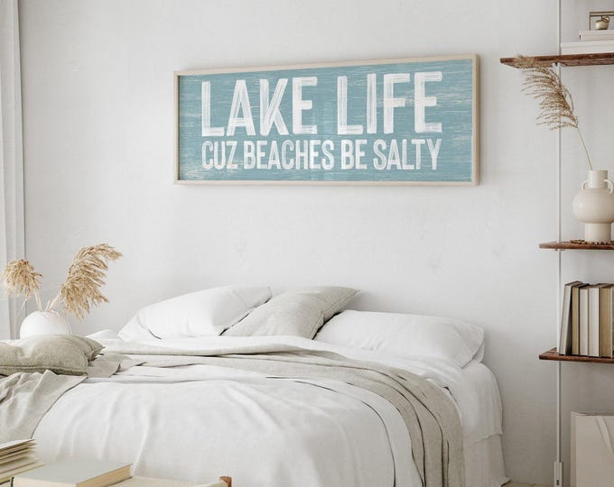 Lake Life Signs, Lake House Decor, Driftwood Wall Art, Vintage Farmhouse Style, Long Horizontal Wood Sign, Beachy Coastal Vibes