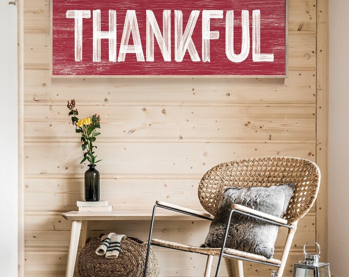 Thankful Wall Art, Thanksgiving Sign, Fall Wall Decor, Vintage Farmhouse Plaque, Seasonal Harvest Decoration, Long Horizontal Display