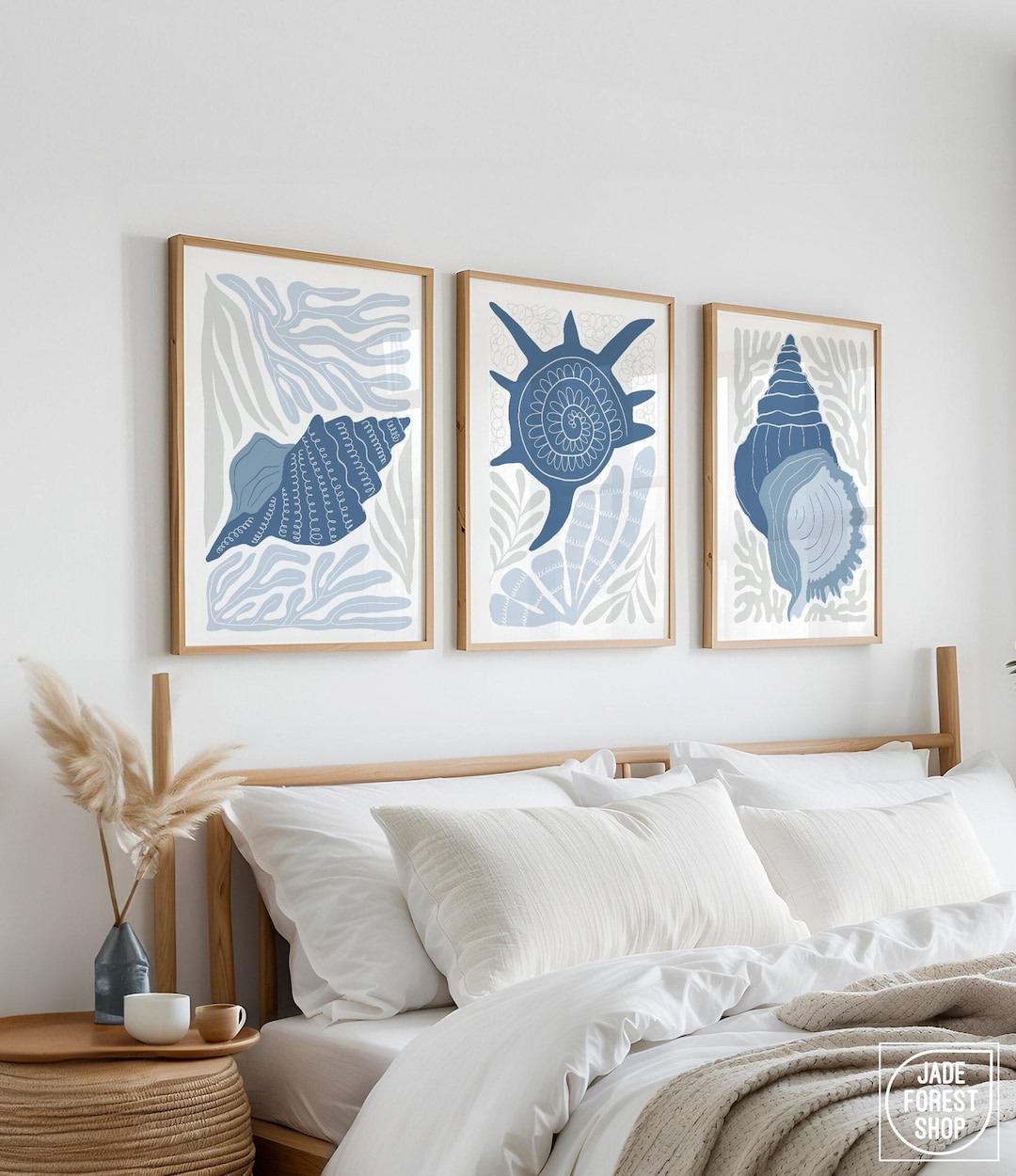 Blue Seashell Triptych Wall Art, Coastal Three Panel Bedroom Decor