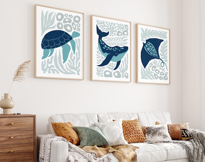 Ocean Art Set of Three, Navy and Dusty Blue Sea Turtle Whale Ray Triptych