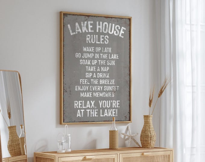 Vintage LAKE HOUSE RULES Sign, Coastal Lakehouse Decor, Lake House Gift for Her, Vacation Rental Wall Decor, Elephant Gray Lake Wall Art