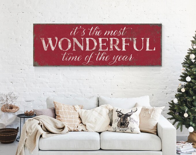 It's the Most Wonderful Time of the Year Sign in Dark Red, Large and Wide Canvas for Above Fireplace, Rich Deep Red Holiday Wall Art