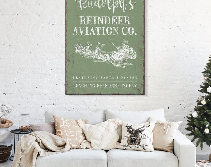 Rudolph Reindeer Sleigh Sign, Vintage Style, Seagrass Green (Multiple Sizes)