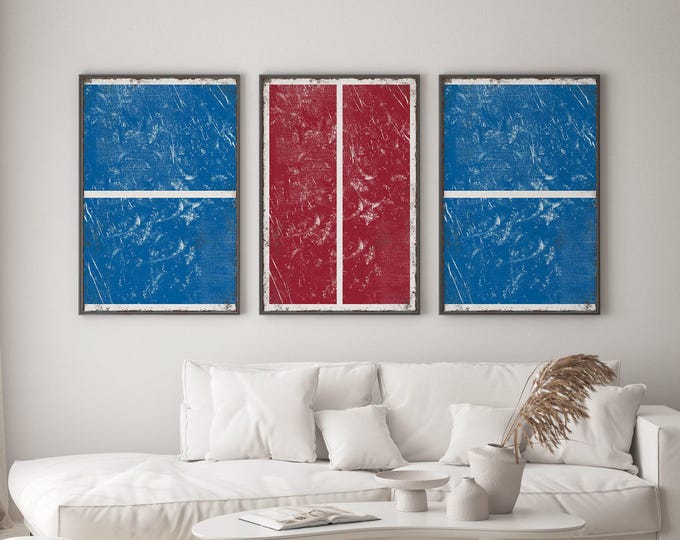 Ocean Blue and Dark Red Triptych Art, Pickleball Court 3 Panel Set, Beach House Sports Gift