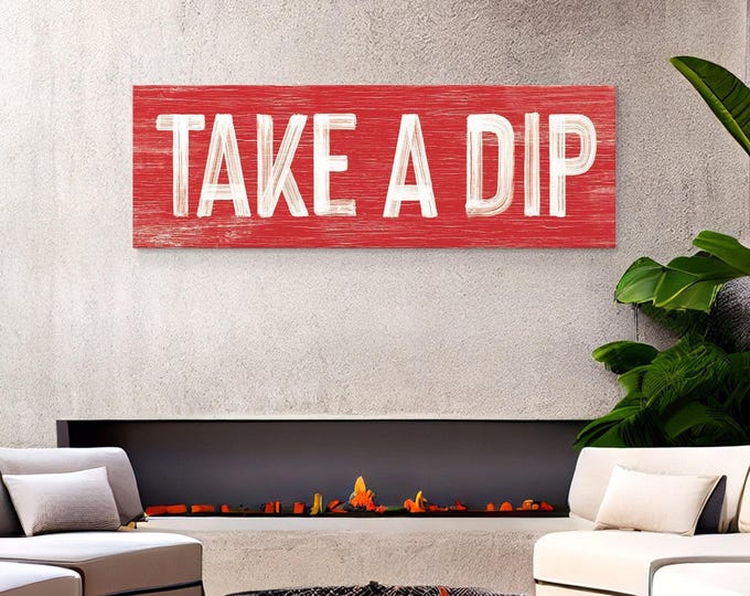 Take A Dip Wall Art: Long Red Painted Wood - Rustic Pool Sign