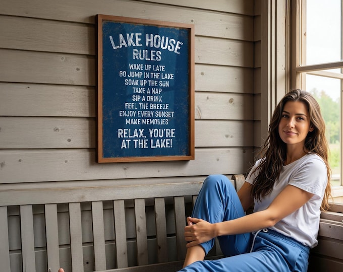 Vintage Lake House Rules Sign - Navy Blue Distressed Canvas