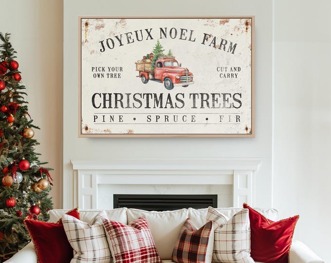 Red Christmas Truck Sign, Rustic Joyeux Noel Tree Farm Poster, Large Horizontal Christmas Wall Decor, Lightweight Christmas Canvas Print