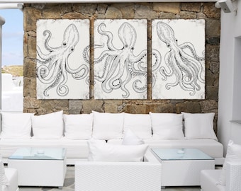 Black and White Art, Octopus Triptych Beach House Canvas Set