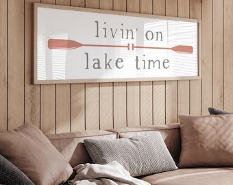 Livin' on Lake Time Canvas, Minimalist Coastal Wall Art, Boat Oars in Coral Accent, Boat Enthusiast Gift, Lake House Hostess Gift Idea