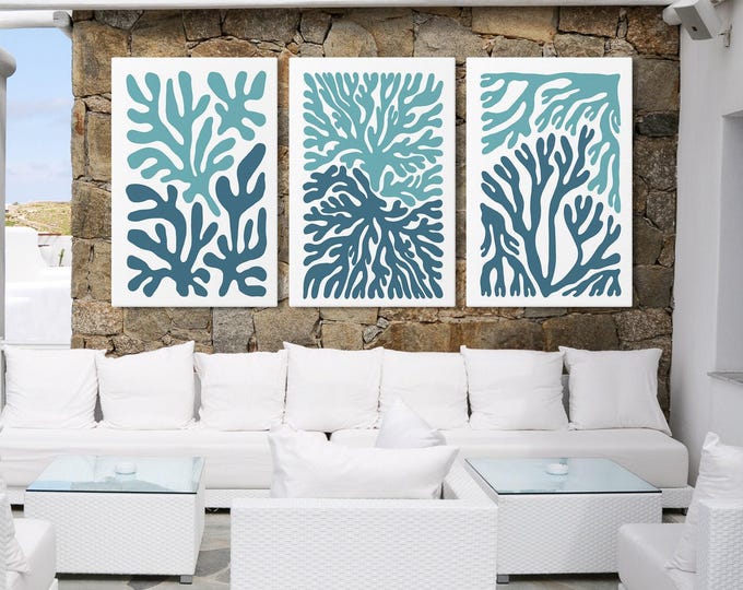 Beach House Art Coral Triptych, White And Blue Coastal Wall Set