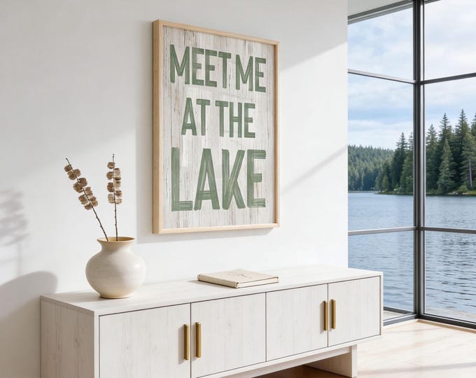 Retro Green Wall Art, Meet Me at the Lake Sign, Cream Cabin Decor Gift