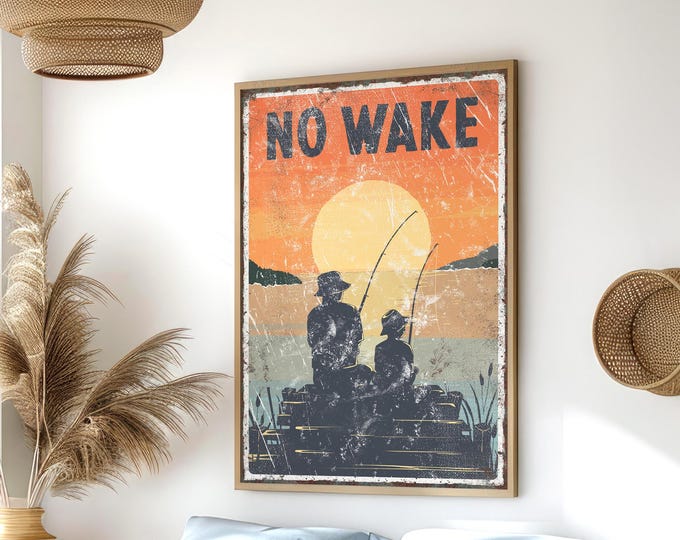 Retro Fishing Poster, Vintage Sunset Fishing Dock, No Wake, Father and Son Fishing Canvas, Coastal Lake House Decor,  Cabin Wall Art Print
