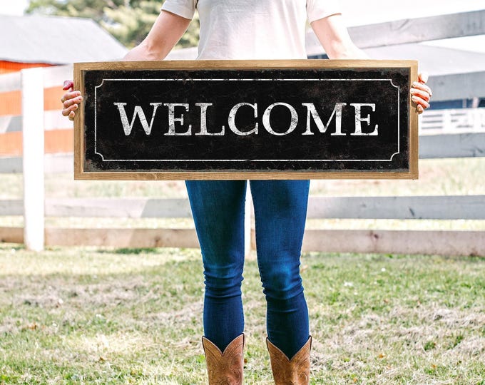 Welcome Friends Sign, Black Distressed Living Room Wall Art, Cream Vintage Lettering