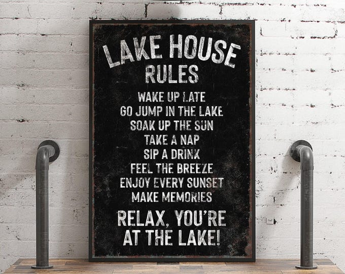 Lake House Rules Sign, Distressed Black and White Typography for the Cabin Wall