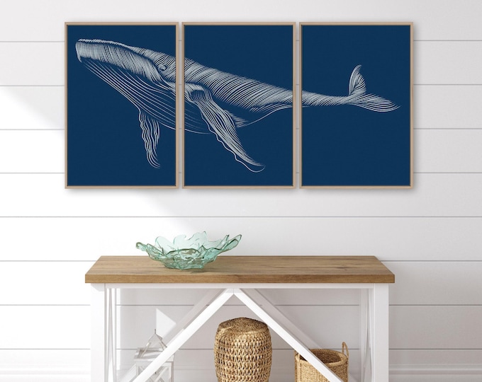 Triptych Wall Art, Whale and Ocean Theme, Minimalist Nautical Decor