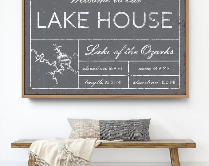 Cabins and Cottages Art, Welcome to our Lake House Sign, Ozarks Map in Gray and White
