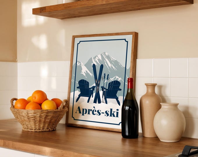 Après Ski Wall Art - Vintage Navy Adirondack Chairs with Skis