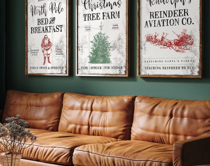 Sleigh and Reindeer Print Set of 3 in Barn Red and Charcoal