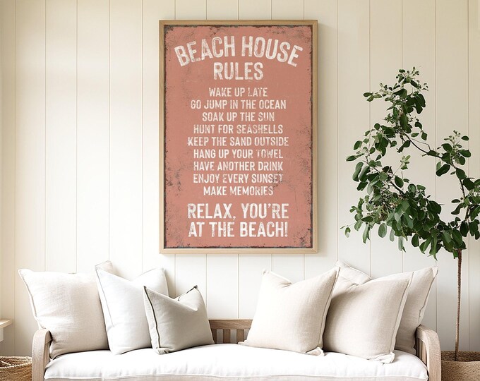 Beach Rules Sign in Vintage Coral, Beach Home Decor, Cabin Gift for Her