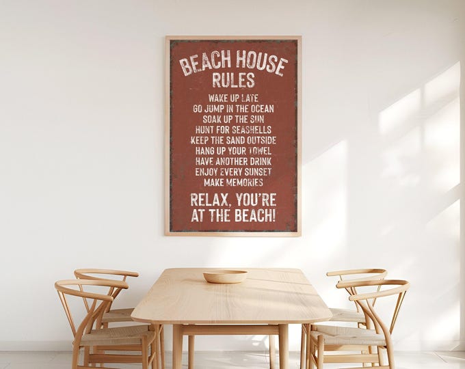 Vintage Beach House Rules Sign, Coastal Home Decor Gift, Distressed Clay Print