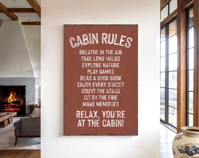 Retro Cabin Rules Sign: Clay Brown Rustic Winter Wall Decor