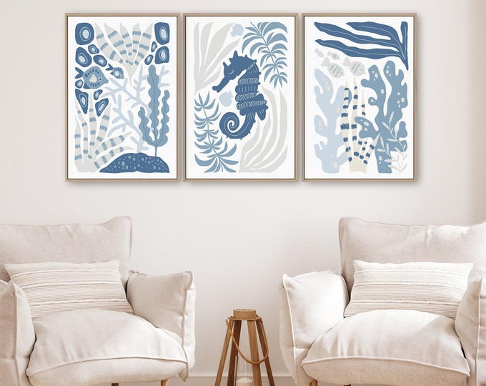 Underwater Wall Art Triptych, Navy Seahorse Coral Canvas Set, Neutral Coastal Decor