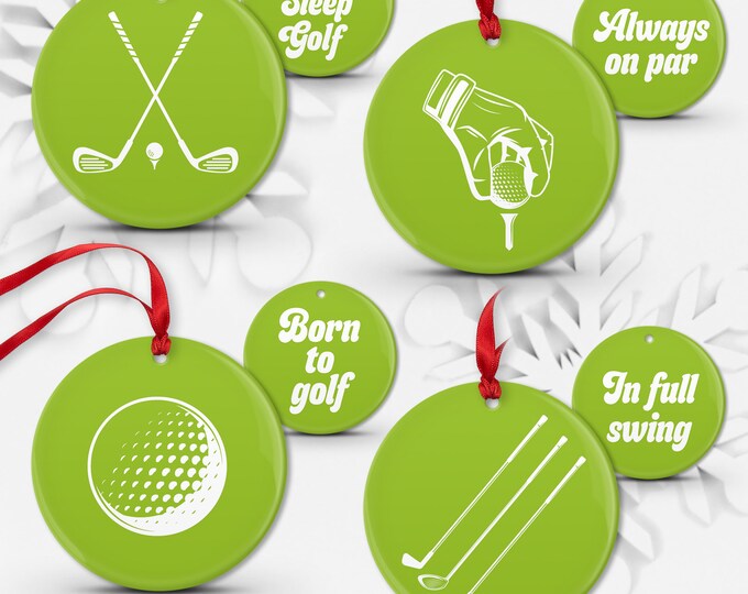 Lime Green Golf Christmas Ornaments, Set of 4 Double Sided Ceramic Porcelain or Shatterproof Aluminum, Choice of Colors • 01, 04
