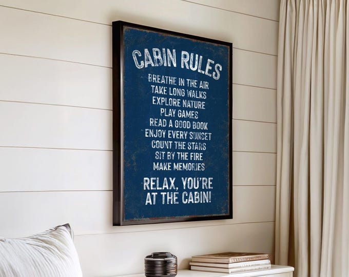 Cabin Rules Sign, Navy Blue Ski Chalet Wall Art, Rustic Winter Gift