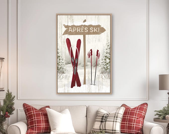 Apres Ski Wall Art: Vintage Maroon Ski Lodge Decor - Canvas or Metal