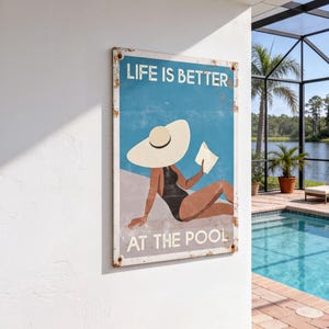 „Am Pool ist das Leben schöner“-Schild, Retro-Wanddeko aus Metall, Geschenkidee für Terrasse und Pool