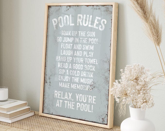 Retro POOL RULES Sign, Vintage Smoke Design for Poolside Decor, Distressed Canvas Paper or Aluminum Options, Fun Pool Rules Sign, Smoke Gray