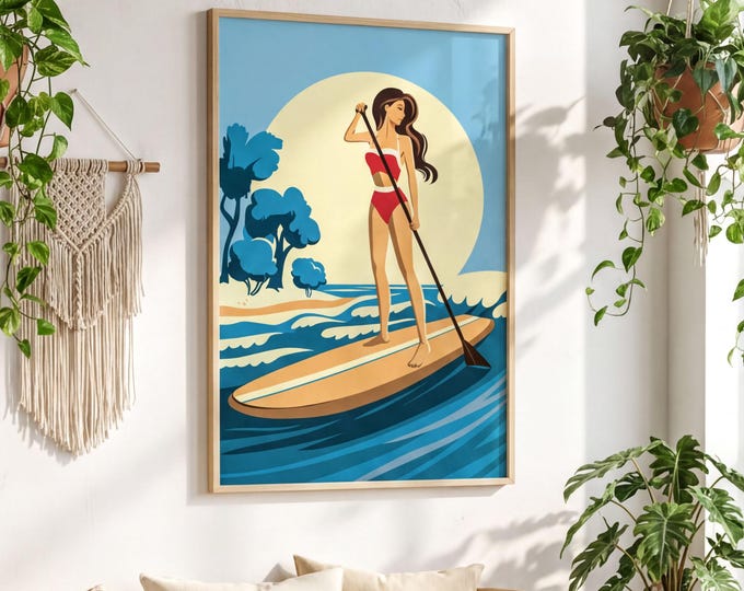 Retro Water Art, Blue Paddleboard Lake Print, Woman in Red, Coastal Cabin Gift