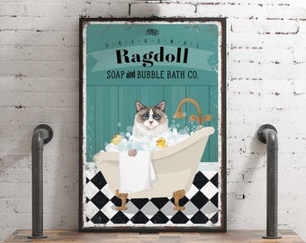 Vintage Ragdoll Cat in Bubble Bath Art, Retro Soap Company Poster, Funny Cat Bathroom Decor, Whimsical Wall Art, Cat Gift for Her