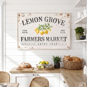 Farmhouse Kitchen Lemon Grove Sign, Cream Rusted Tin Wall Art, Cottage Decor
