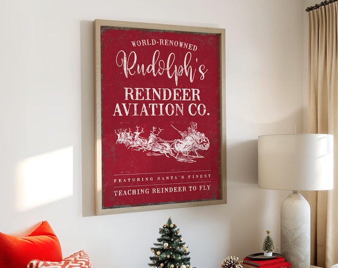 Rudolph Reindeer Art Santa Sleigh Sign, Rustic Christmas Decor